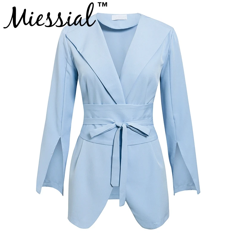 Miessial, синий Блейзер, платье с разрезом, рукав, шнуровка, сексуальный v-образный вырез, элегантное Бандажное пальто, офисный Женский блейзер, куртка, уличная одежда, осень - Цвет: Синий