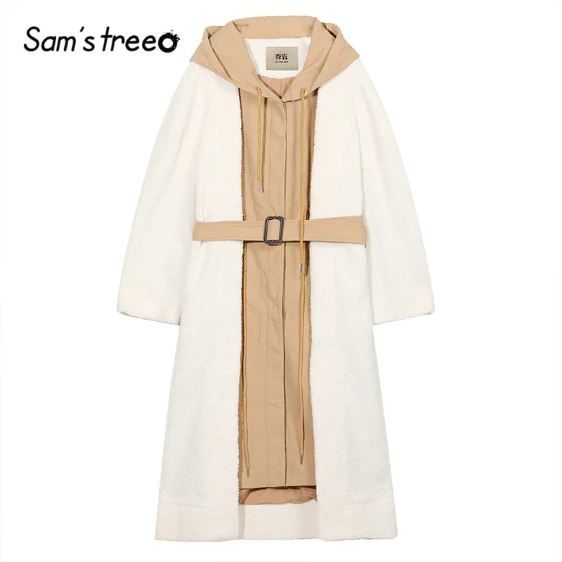 SAM'S TREE, однотонные прямые толстовки, Тедди, ленивое шерстяное пальто для женщин, зима, с поясом, на одной пуговице, имитация двух частей, свободные женские пальто
