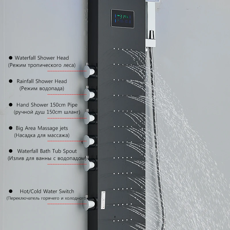 Shower Panel Bathroom Shower Faucet Set Bathroom LED Rain/Waterfall Head Shower Panel Digital Display Screen Massage Jets Waterfall Bath Tub Spout Shower Column