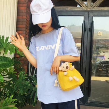 

Women Drawstring Bucket Crossbody Bag Classic Texture Creative Delicate Chic Cute Bear Canvas Small Shoulder Pouch