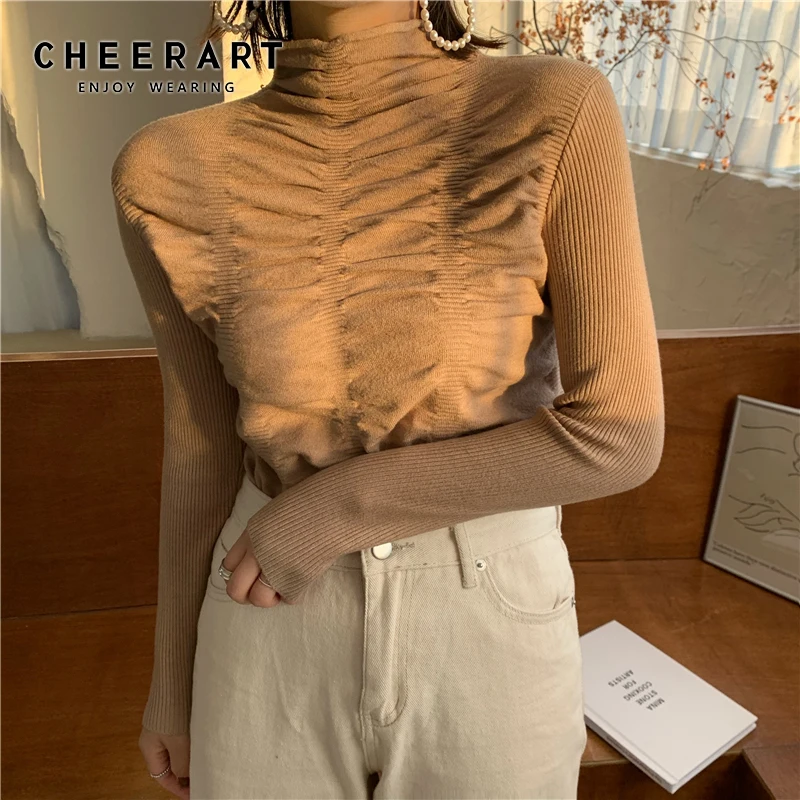 CHEERART Ruched Sweater Women Pullover Jumpers Knit Top Basic Turtleneck Warm Korean Jumper Clothing | Женская одежда