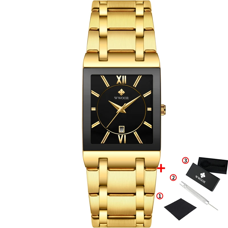 gold black Мужские Роскошные Брендовые Часы, новинка, WWOOR, золотые, деловые, квадратные часы, мужские кварцевые наручные часы, мужские водонепроницаемые золотые часы - Цвет: gold black