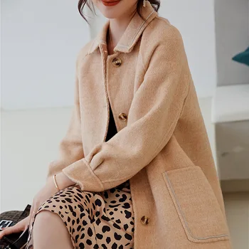 

High Quality Women 100% Real Pure Wool Overcoat Women Leisure Long Solid Color Casual Fashion Wide-waisted Coat