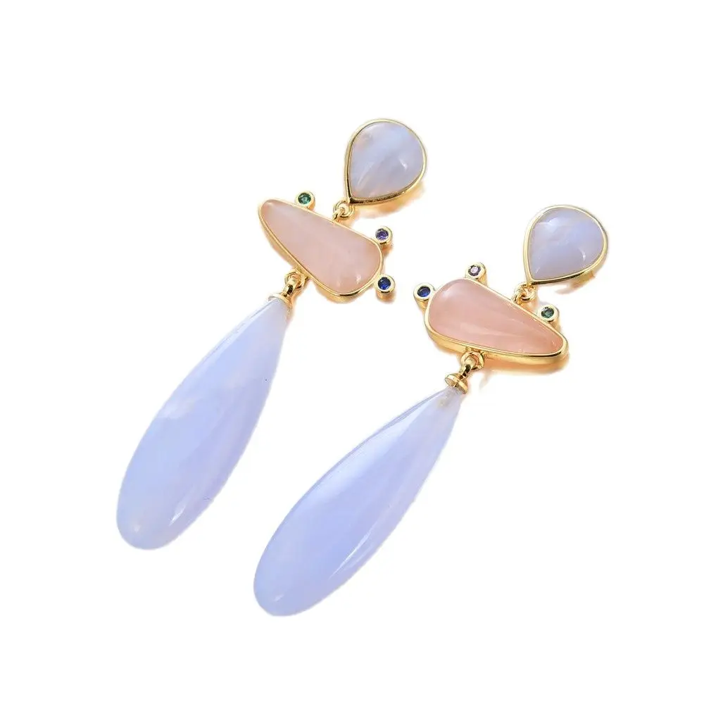 GG Jewelry Natural Blue Lace stone teardrop Chalcedony Pinkstone gold