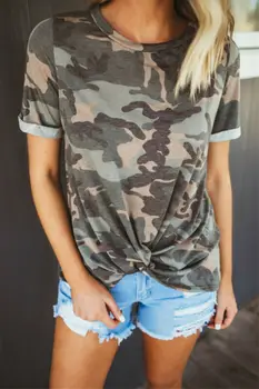 

Women's Green Camouflage Print T-Shirt Summer Knot Tshirt O neck Tee Short Sleeve T Shirt
