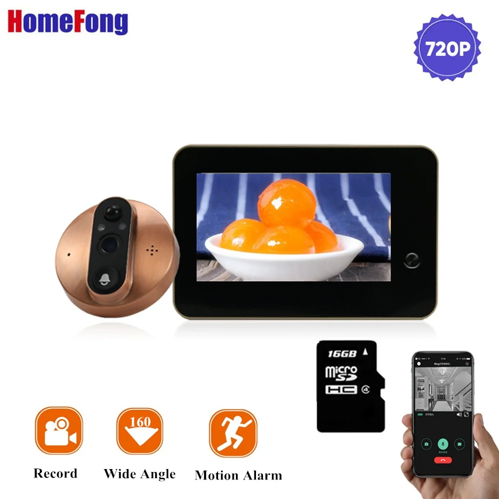 With 16GB SD Card Homefong 4,3 дюймов Wi-Fi глазок камера Дверной просмотр беспроводной дверной звонок USB зарядка sd-карта запись движения день Nigtht широкий угол - Цвет: With 16GB SD Card