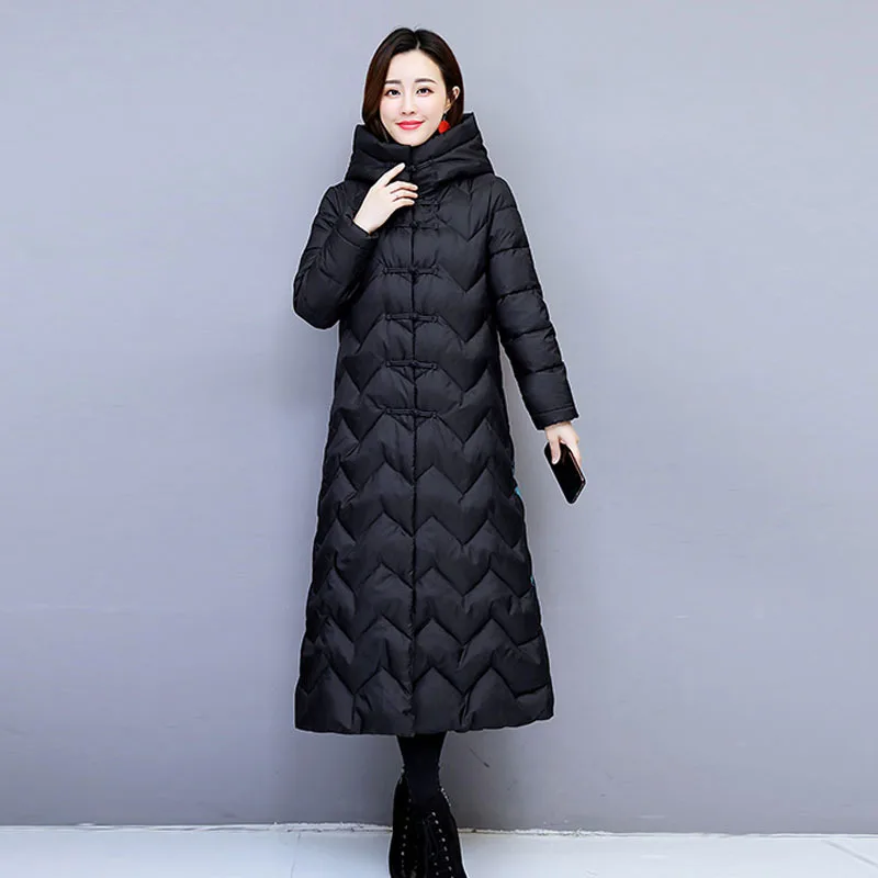 

Retro Frog China Printed down Jacket Cotton-padded Clothes Winter New Style Thick Long over-the-Knee Cotton-padded Jacket Large