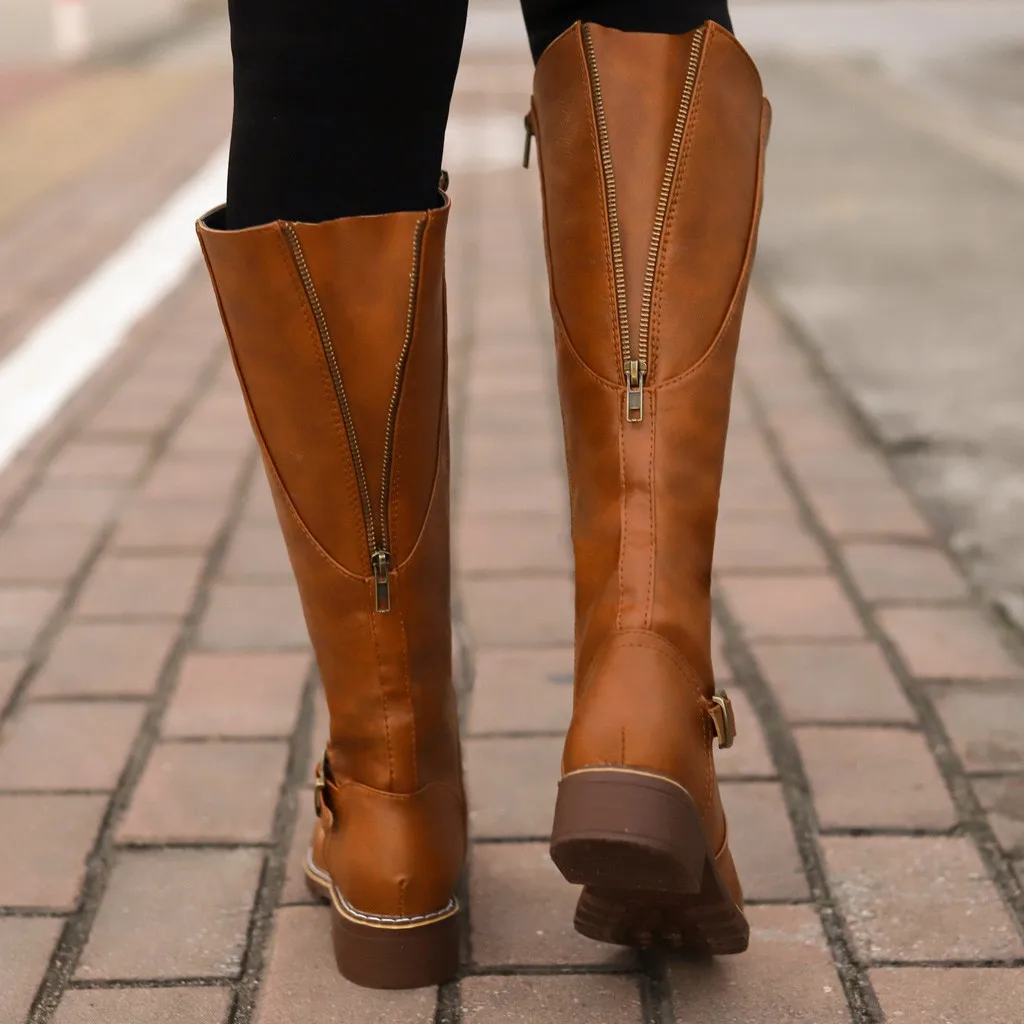 Сапоги до бедра; цвет коричневый; женские винтажные кожаные сапоги до колена на квадратном каблуке и молнии с пряжкой; теплые сапоги с круглым носком в британском стиле