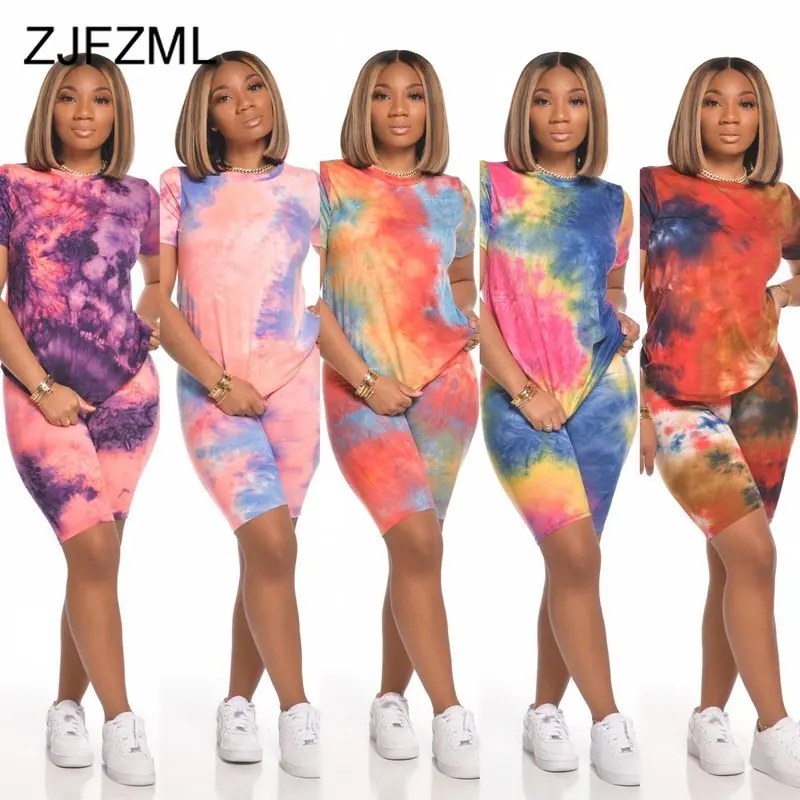 

Plus Size 2 Piece Club Outfit Summer Clothes For Women Colorful Tie Dye Print Loose Top+Bodycon Short Casual Two Piece Sweatsuit