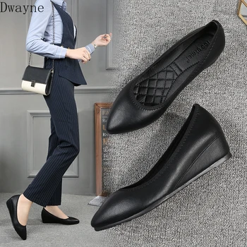 

Black high leather shoes professional soft bottom non-slip tip wedge single shoes flat peas shoes