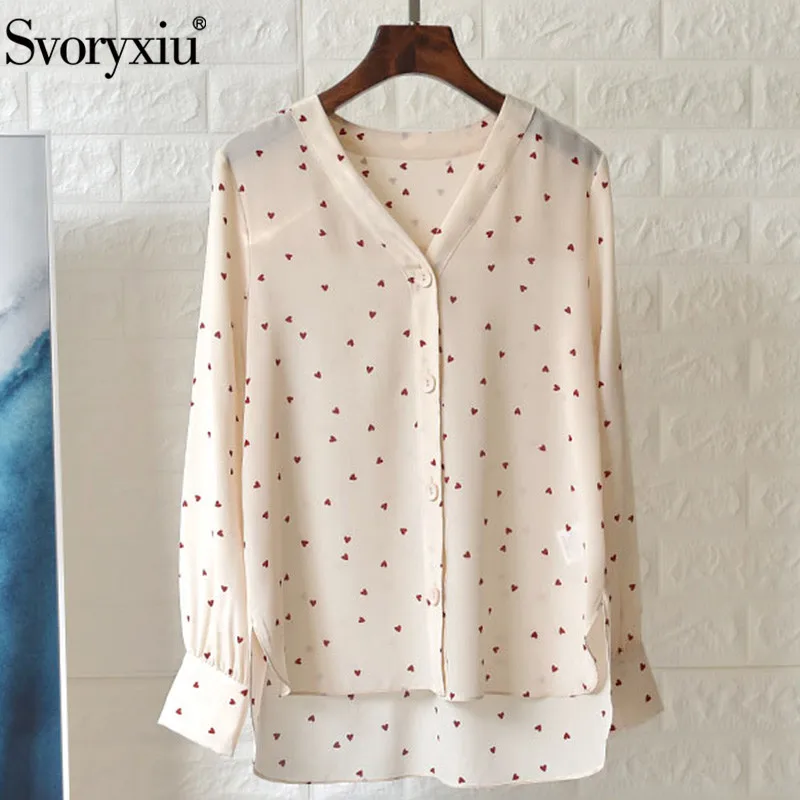 

Svoryxiu Designer High-End Silk Heart-Shaped Print Blouse Shirt Women's Long Sleeve V-Neck Fashion Office Lady Blouse Tops