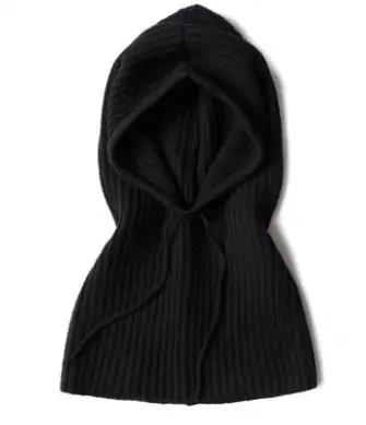 Шерсть мериноса вязаный шарф с капюшоном шапочки регулируемый размер 35x50 см для унисекс - Цвет: black