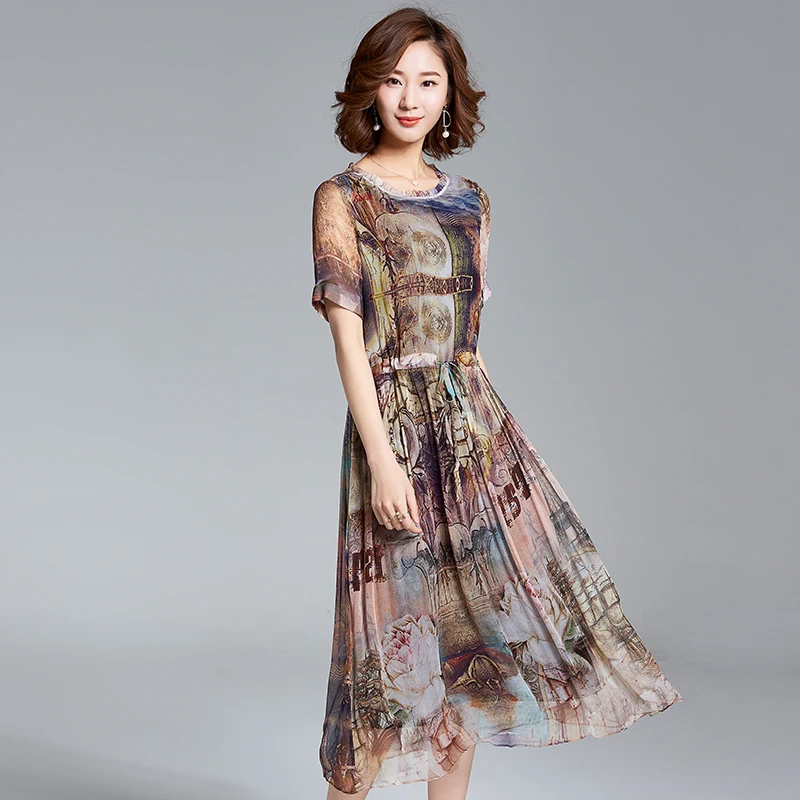

2020 100% Real Silk Dress Women Spring Summer Vintage Printing Long Dresses Natural Silk Fabric Vestido Casual