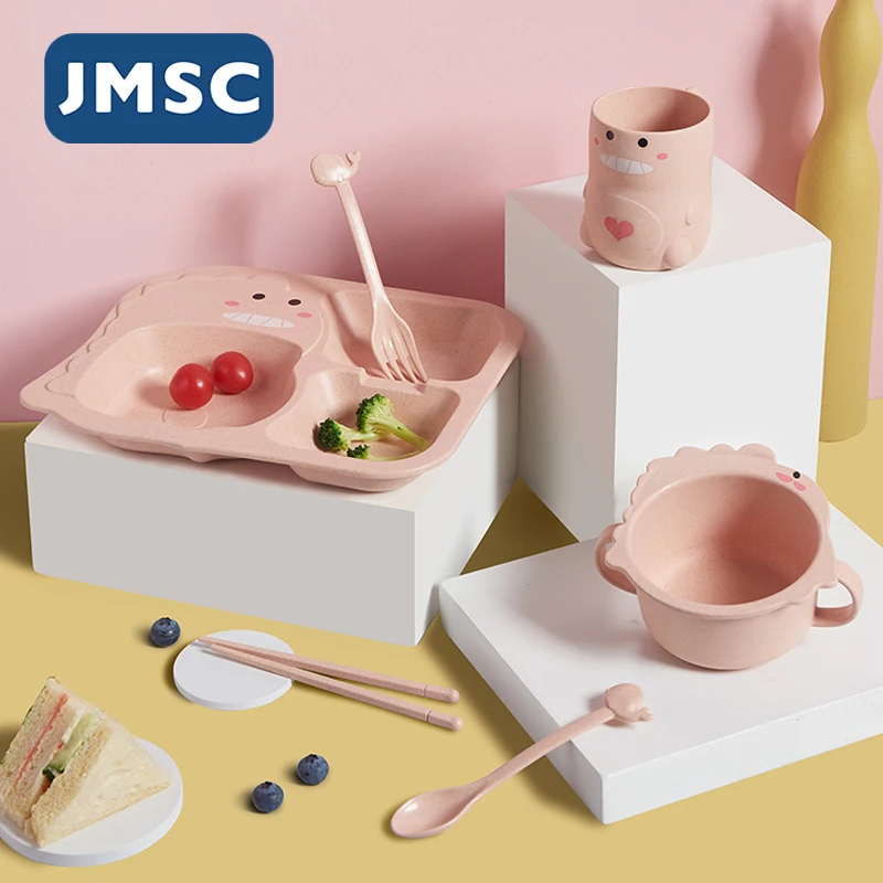 Jmsc bebê dinossauro conjunto de utensílios de mesa 6 pçs crianças jantar de bambu formação tigela copo colher placa garfo drop-resistant pratos de alimentação gadget