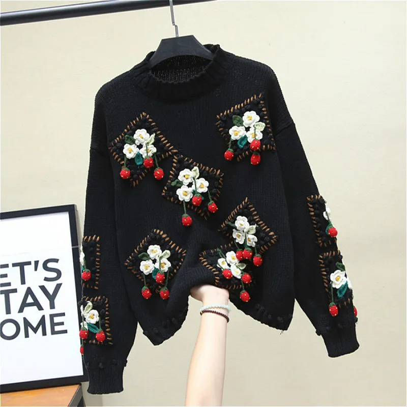

Luxury Brand Design Winter Runway Sweater Women Elegant Hook flowers Strawberries Pullovers Sweaters Loose Warm Knitted Tops New