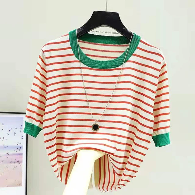 Shintimes Striped Tee Shirt Femme Tops Summer T Shirt Women Thin Ice Silk Knitted T-Shirts Short Sleeve Clothing Camisetas Mujer Green collar