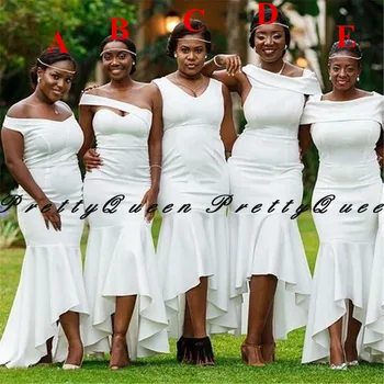 

2020 White High Low Mermaid Bridesmaid Dresses African Women Cheap Long Sweep Train Wedding Party Dress Vestidos