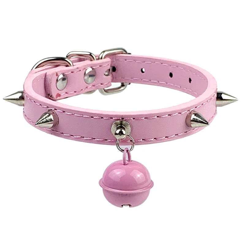 Кожаный Колокольчик для собаки, регулируемый ошейник с заклепками для кошек, маленьких и средних собак, ошейник с заклепками для щенков, аксессуары для домашних животных - Цвет: Розовый
