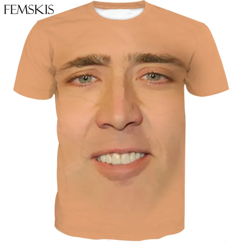 

FEMSKIS Summer Funny Mens 3D T-shirt The Giant Blown Up Face Of Nicolas Cage Fashion T Shirt Printed Women Unisex Casual TShirt