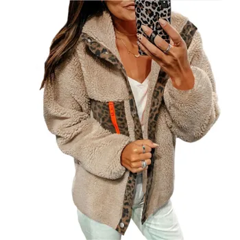 

Fashion Women Coat Clothes Long Sleeve Button Leopard Splice Thick Winter Warm Casaul Loose Tops