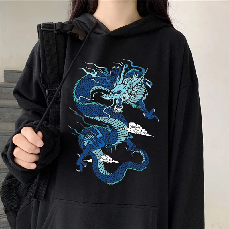 Harajuku Style Black Dragon Young Girl Fire Flame Print Hoodie 2020 Winter Clothes Women Gothic Loose Warmth Sweatshirt Women