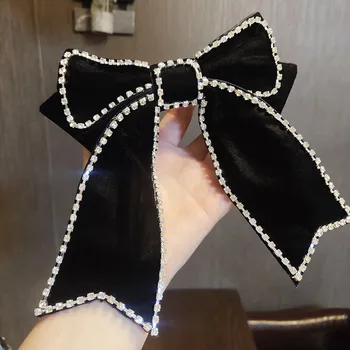 

Korea Black Velvet Big Bowknot Rhinestone Chain Spring Clips Hair Accessories for Women Luxury Crystal Chain Hairpins Jewelry