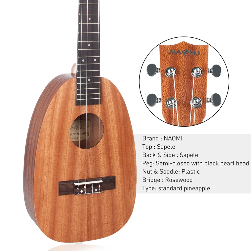 Наоми укулеле в форме ананаса Sapele Topboard Backboard пластик Гайка палисандр Мост Ukeleles для малышей детей начинающих