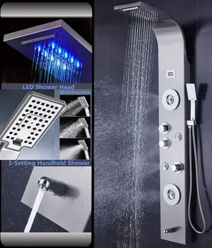 

Stainless Steel Shower Panel Tower System LED Rainfall Waterfall Shower Head 6 Function Faucet Rain Massage System with Body Jet
