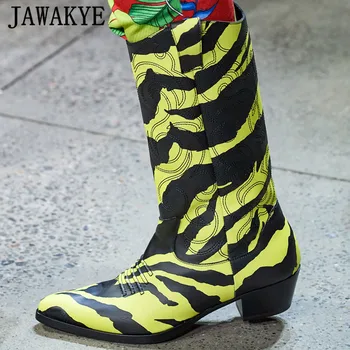 

Brightly T Show Chelsea Boots Woman Pointed Toe Kitten Heel Mid Calf Boots Runway Party Shoes Zebra Embroidery Black Boots Femme