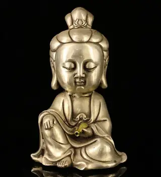 

7" Chinese old Antique bronze handmade silvering gilt gold guanyin statue