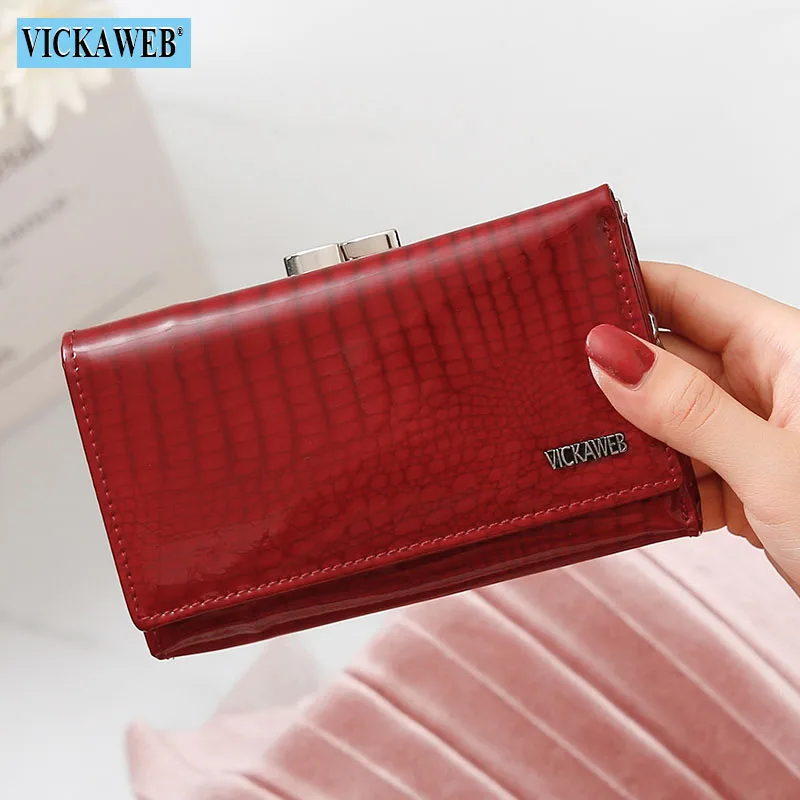 Red Wallet VICKAWEB Women Genuine Leather Short Wallet Female Fashion Purses Ladies Alligator Hasp& Zipper Coin Purse Woman Small Wallets - Цвет: Red Wallet