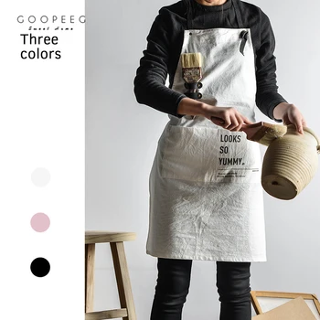 

Creative simple apron cotton and linen baked solid color personality studio Korean version of the overalls waist kitchen gown