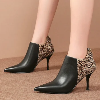 

EshtonShero Leopard sexy and winter new pointed toe thin high heels boots boots leather boots Women's boots spring Size 3-8