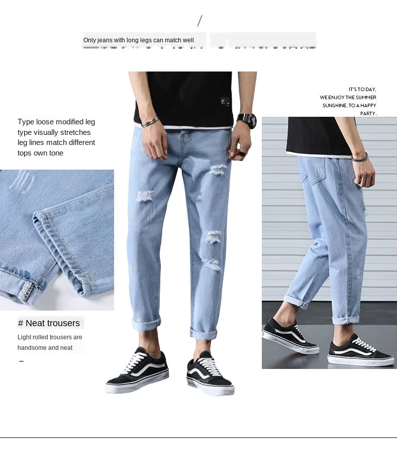 Men's Hole Jeans Loose Straight Leg Ankle-length Fashion All-match Begging Pants Korean-style Trend Denim Pants Men's Hole Jeans Loose Straight Leg Ankle-length Fashion All-match Begging Pants Korean-style Trend Denim Pants