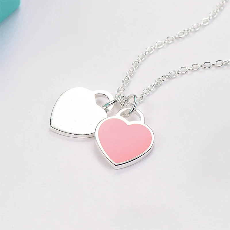 Romantic Europe Style Heart Pendant Necklace blue Pink bracelet Double Heart Link Chain Necklace For Woman Jewelry - Окраска металла: pendant necklacepink