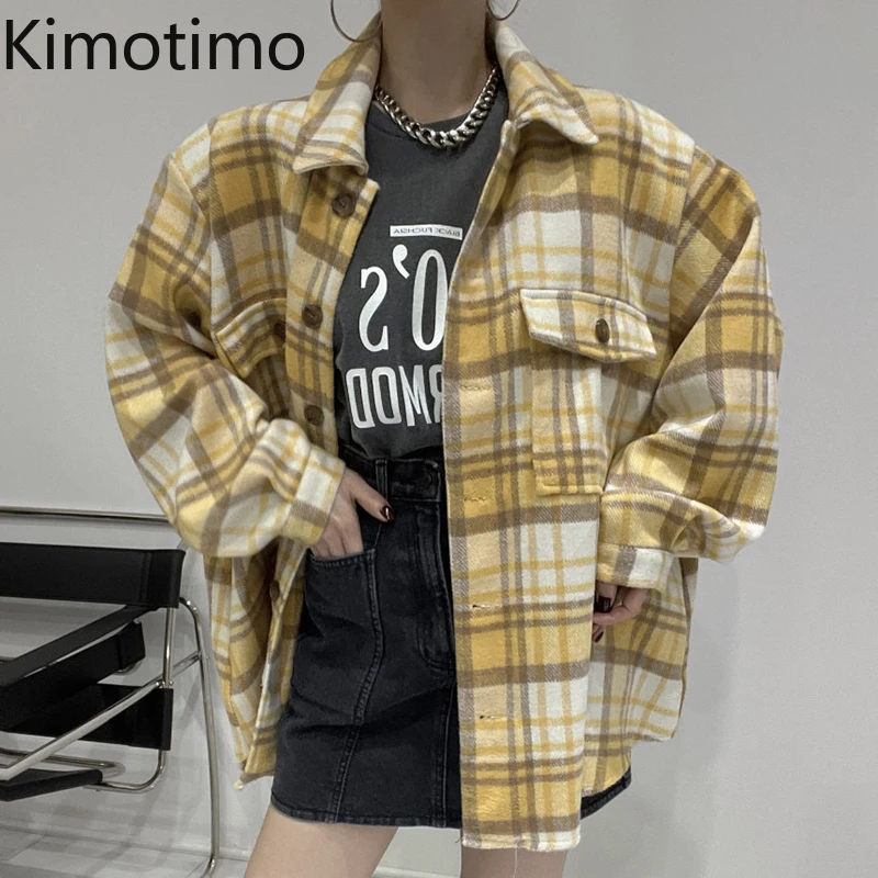 Винтажные клетчатые рубашки Kimotimo женские корейские шикарные свободные топы с