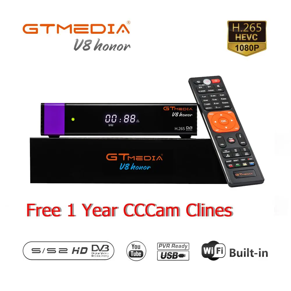 

Receptor Gtmedia V8 Honor built-in WIFI power by freesat v8 super DVB-S2 1 Year Cccam Cline for 1 Year TV Box Same as v8 nova