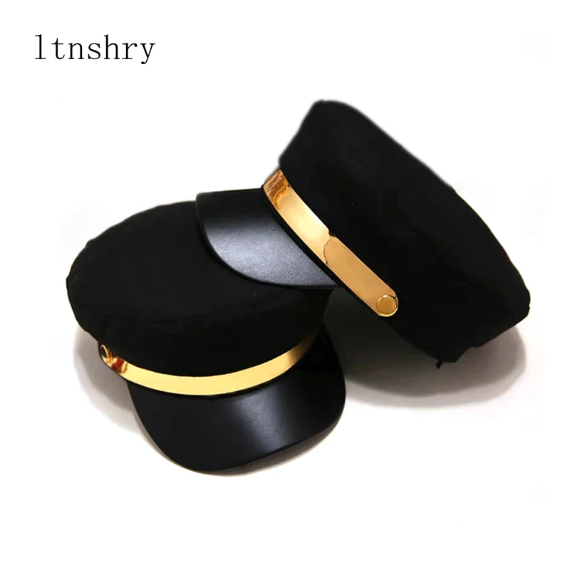 

Fashion beret Autumn winter Military cap Golden stripes Street style British style warm retro newsboy caps octagonal cap female