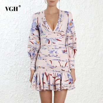 

VGH Print Flare Striped Dress V Neck Puff Long Sleeve Mini Trumpet Dresses Female 2020 Vintage Spring Fashion New Clothing