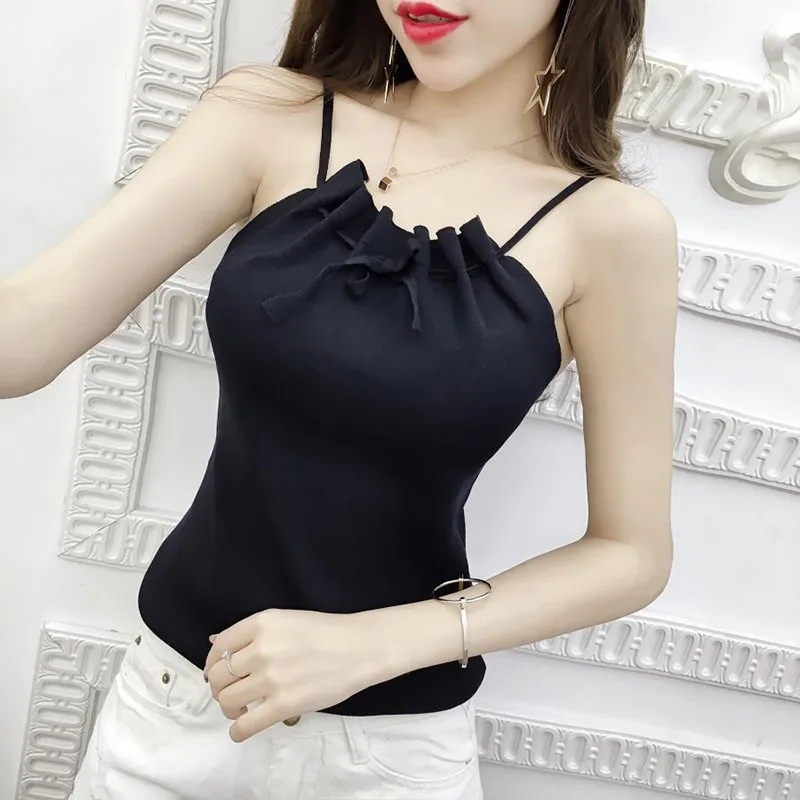 

Women Versatile Sleeveless Vest Off Shoulder Slim Solid Color Waistband Sexy Strap Camisole Top