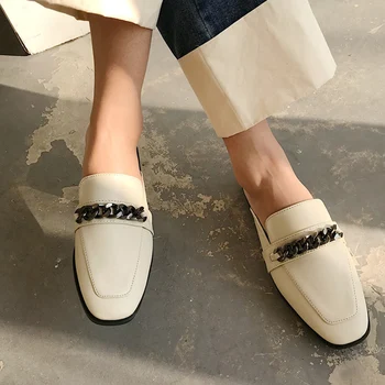 

2020 Woman Mules Women Slippers Women's Metal Chain Shoes Solid Female Flats Slides Ladies Comfortable Footwear Plus Size