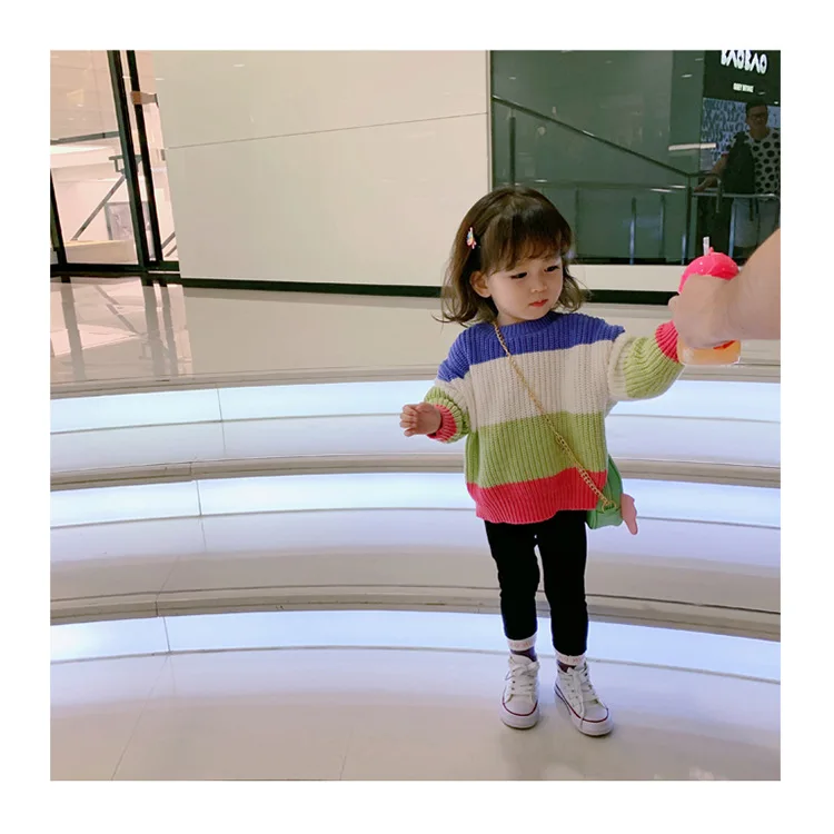 

Childrenswear 2019 Autumn Clothing Girls New Products Korean-style Color Large Stripes Crew Neck Thick Thread Knitted Sweater