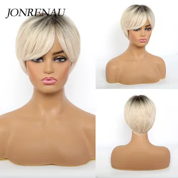 

JONRENAU 8 inches Synthetic Short Straight Wigs with Bangs Dark Root Ombre White Brown Blonde Pixie Cut Cosplay Wigs for Women
