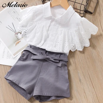 

Melario Casual Girls Suits New Summer Children Point Printed Clothing Sets Kids White T-shirt Shorts 2 Pieces Clothing Bow Suits