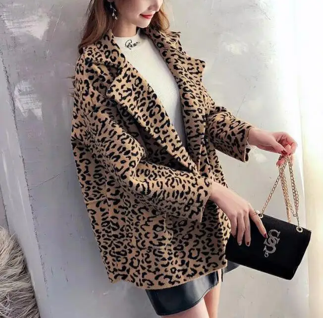 Long sleeve Leopard loose faux mink leather jacket womens winter thicken warm fur leather coat women jackets jaqueta couro B70