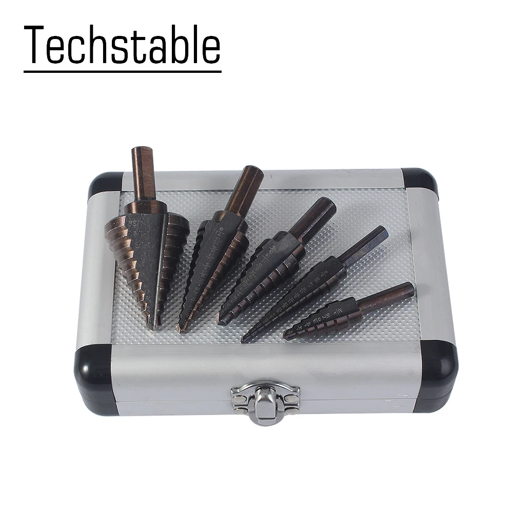 RICA-J 5pcs Step Drill Bit Set & Automatic Center Punch HSS Cobalt Titanium Step Drill Bit Set Multiple Hole 50 Sizes High Speed Step Drill Bit Set with Aluminum Case RICA-J 5pcs Step Drill Bit Set & Automatic Center Punch HSS Cobalt Titanium Step Drill Bit Set Multiple Hole 50 Sizes High Speed Step Drill Bit Set with Aluminum Case