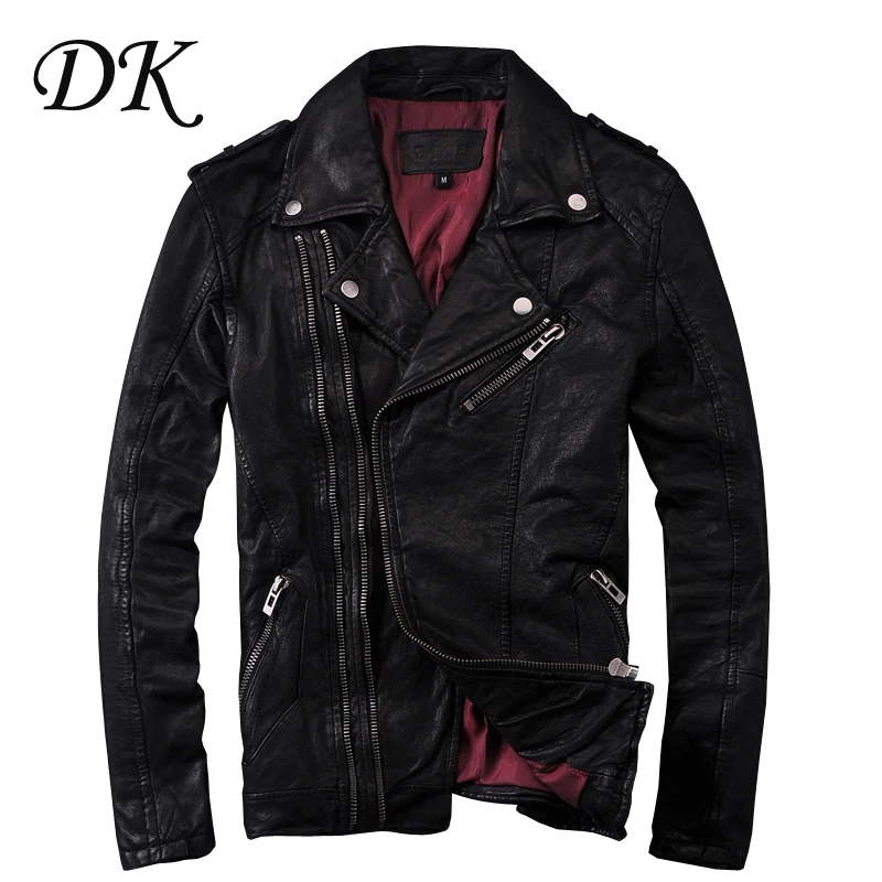 

Europe United States Locomotive Lapel Short Oblique Zipper Slim Sheep Skin Leather Coat Jacket Men