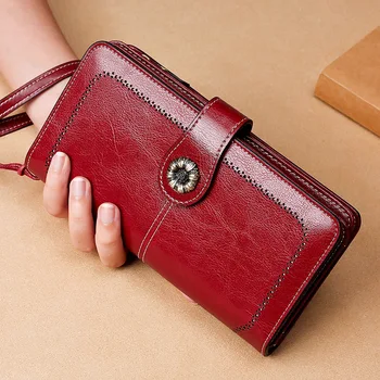 

Vintage Long Leather Female Clutch Purse Cellphone Bag Coin Wallet Lady Brand Wax Oil Real Genuine Leather Women Wallet Large