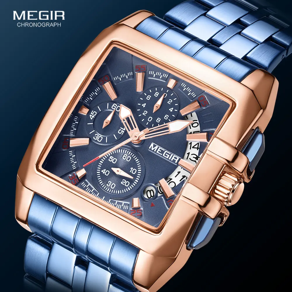 MEGIR 2020 Top Brand Fashion Luxury Watches for Men Blue Stainless Steel Chronograph Quartz Watch Man reloj hombre часы мужские смарт часы rungo k1 blue rngk1bl