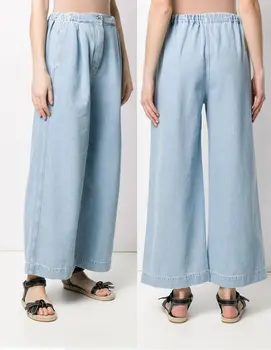 

LE007 102696 Fashion Classic Trendy Brand Luxry Design Women Minimalist Leather Letter Logo Jeans Wide Leg Pants L1